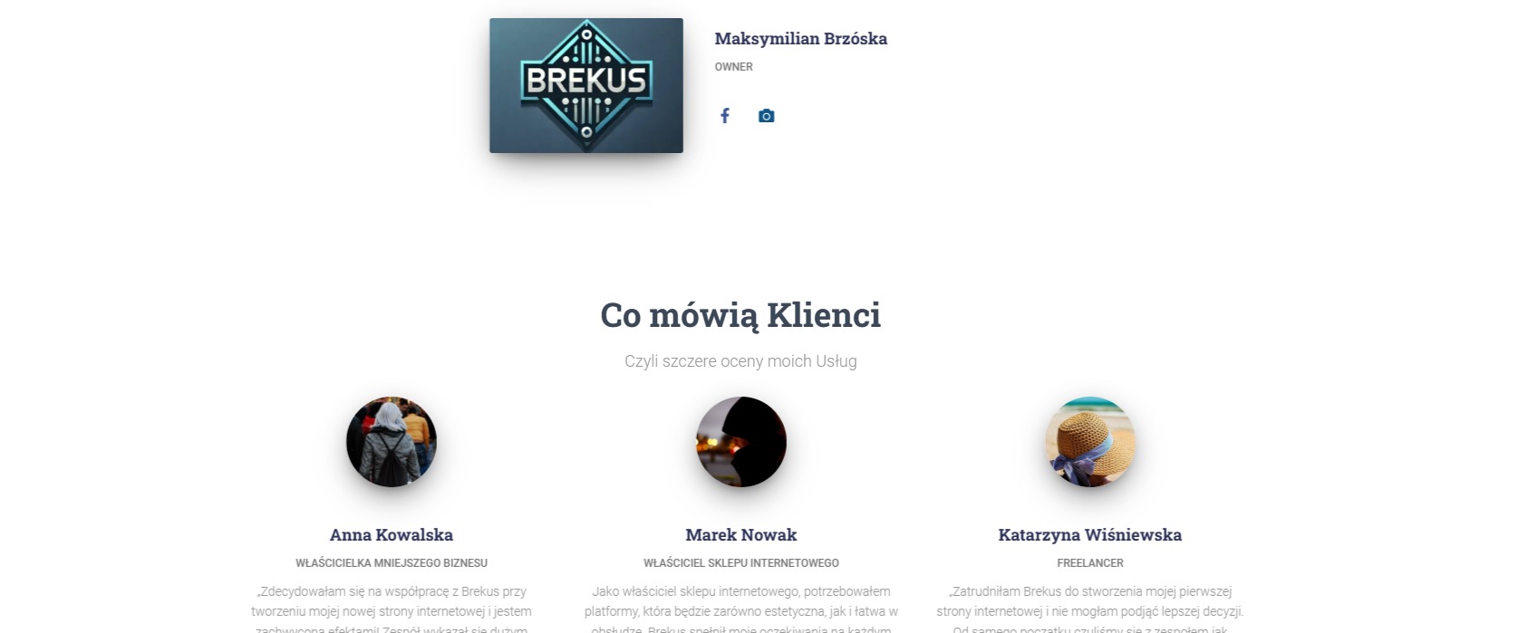 Fragment strony internetowej firmy Brekus prezentujący logo, dane kontaktowe właściciela Maksymiliana Brzóski oraz sekcję z opiniami klientów Anny Kowalskiej, Marka Nowaka i Katarzyny Wiśniewskiej...