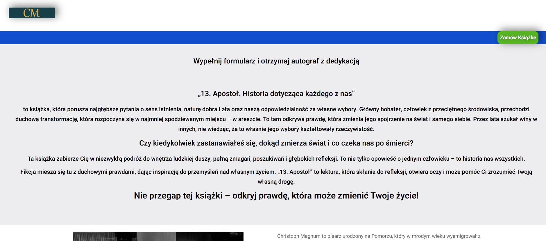 Strona internetowa prezentująca okładkę książki '13. Apostoł' z fragmentem opisu zachęcającego do zakupu i dedykacji autografu.