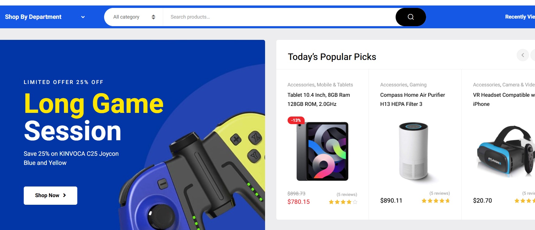 E-commerce website promoting a 25% discount on KINVOCA C25 Joycon controllers, blue and yellow, alongside other trending products like tablets, air purifiers, and VR headsets.