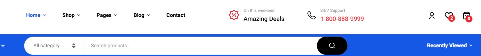 Górna część strony internetowej sklepu z menu nawigacyjnym, polem wyszukiwania produktów i ikonami konta użytkownika.
