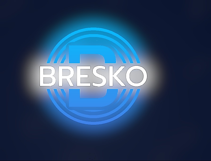 Logo firmy Bresko na ciemnoniebieskim tle, okrągły symbol z literą B wewnątrz, nazwa firmy w białej czcionce.