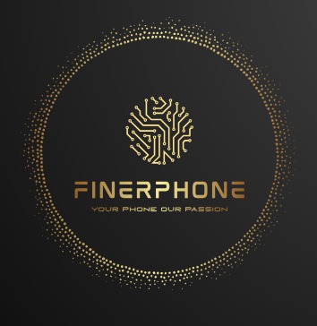 Złote logo firmy FINERPHONE na czarnym tle, przedstawiające okrągły symbol przypominający układ scalony wewnątrz okręgu z drobnych kropek. Poniżej nazwa firmy i hasło: YOUR PHONE OUR PASSION.