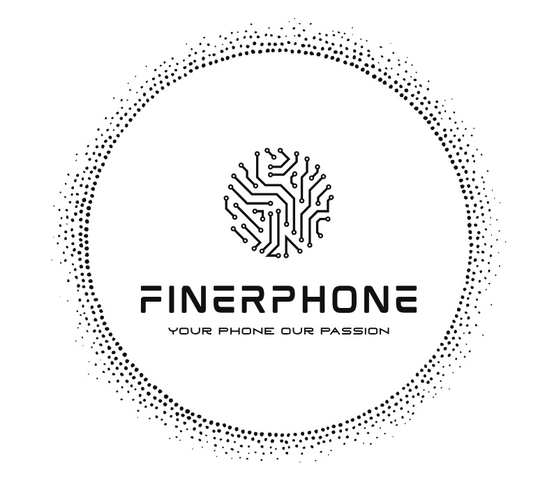 Minimalistyczne czarno-białe logo Finerphone z motywem układu scalonego w okręgu z kropek i hasłem 'Your phone our passion'.
