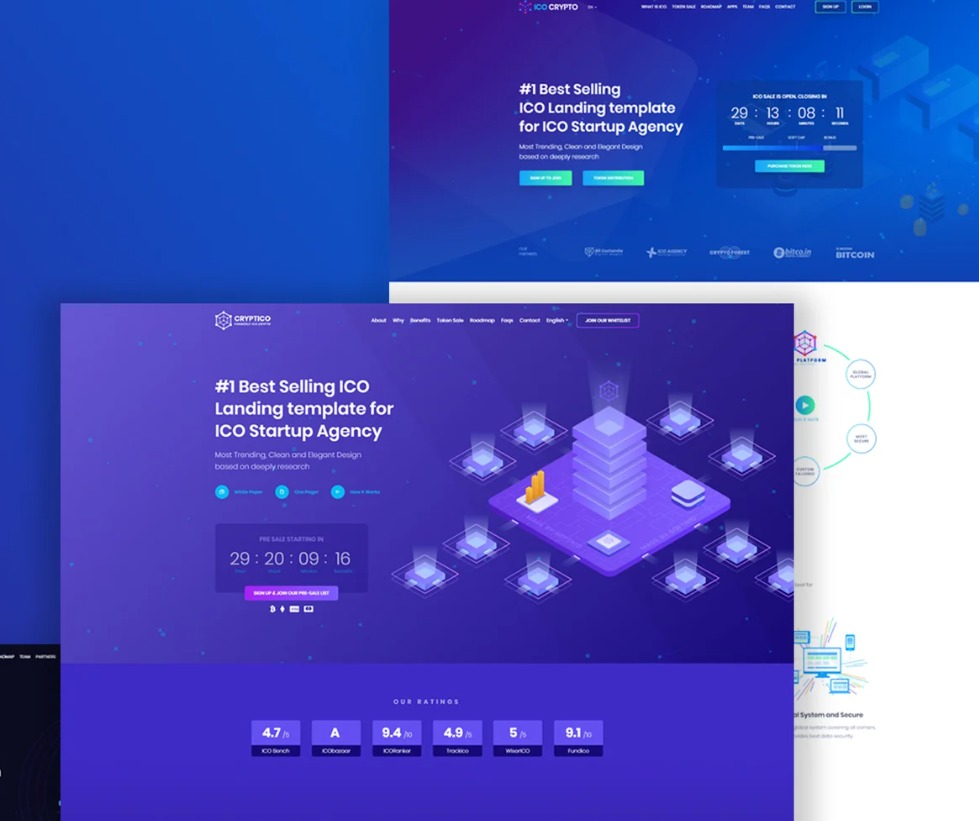Zrzut ekranu przedstawiający interfejs responsywnej strony internetowej z motywem ICO Crypto, prezentujący układ elementów, typografię i kolorystykę w odcieniach fioletu i błękitu, z grafiką 3D...