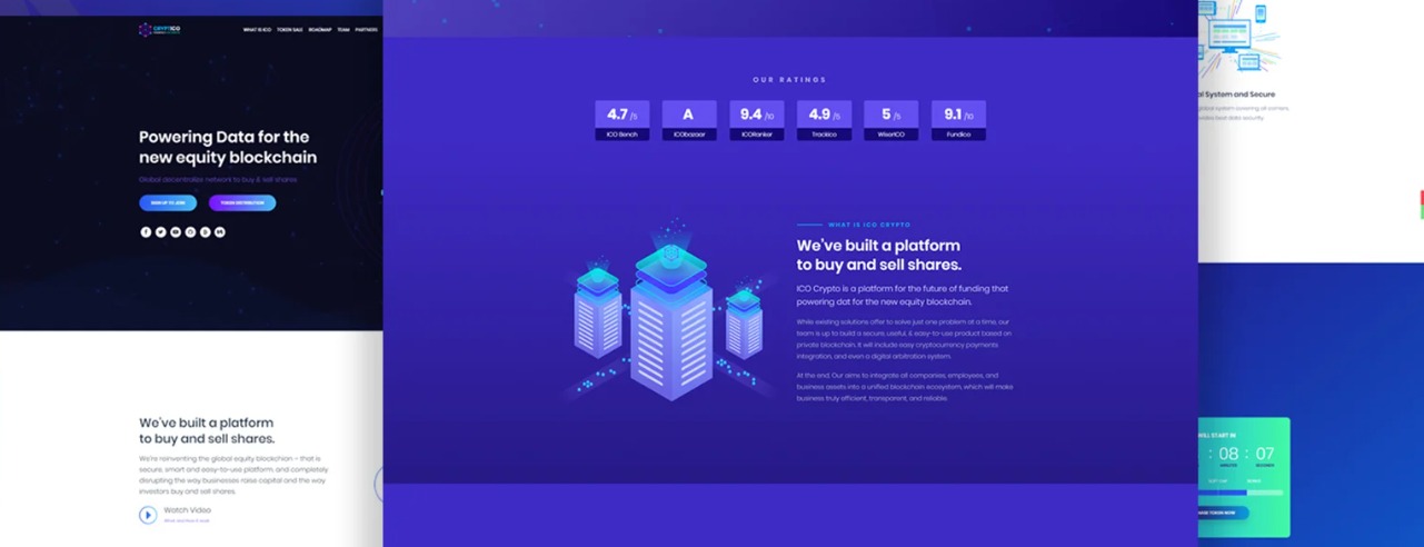 Fragment strony internetowej o tematyce blockchain i kryptowalut, z grafiką stylizowanych serwerów i ocenami platformy.
