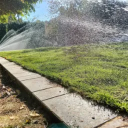 Automatyczny system nawadniania trawnika w akcji, rozpylacze zraszają intensywnie świeżą, zieloną trawę, widoczna obrzeża z kostki betonowej i przygotowane podłoże pod trawnik.