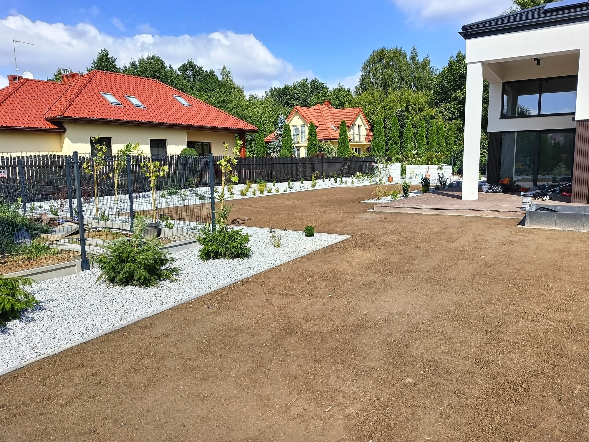 Przygotowany teren pod trawnik i nasadzenia w ogrodzie, widoczne obrzeża z białego grysu, młode drzewka, w tle domy jednorodzinne z czerwonymi dachami i nowoczesna bryła budynku.