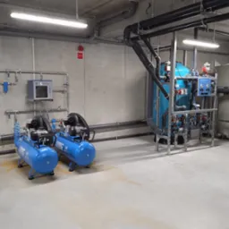 Kompletna instalacja przemysłowa z dwoma niebieskimi kompresorami ABAC 150, pionowym zbiornikiem i systemem rur na tle szarej ściany w hali.