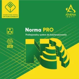 Grafika reklamowa oprogramowania Norma PRO, profesjonalnego systemu do kosztorysowania, z logo Athena Soft i Intercenbud na zielonym tle z żółtymi akcentami i geometrycznym wzorem.