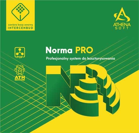 Grafika reklamowa oprogramowania Norma PRO, profesjonalnego systemu do kosztorysowania, z logo Athena Soft i Intercenbud na zielonym tle z żółtymi akcentami i geometrycznym wzorem.