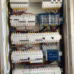 Maksym Kyryliuk - Otwarta skrzynka elektryczna z bezpiecznikami, przewodami i elementami sterującymi różnych marek, w tym Schneider Electric i Legrand, ułożonymi w uporządkowany sposób.