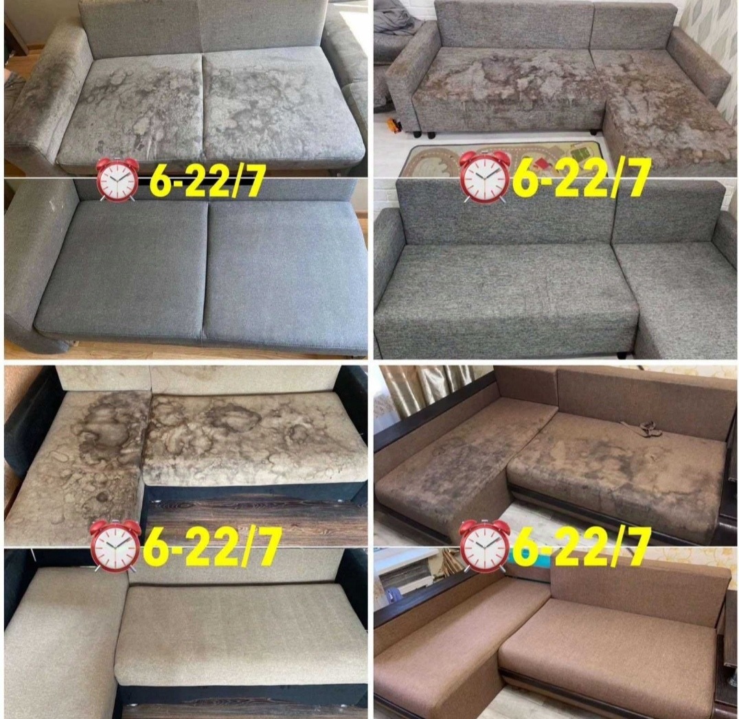 Kolaż zdjęć przedstawiający dwie różne sofy przed i po czyszczeniu, widoczne wyraźne różnice w wyglądzie tapicerki, od silnych zabrudzeń do jednolitego koloru.