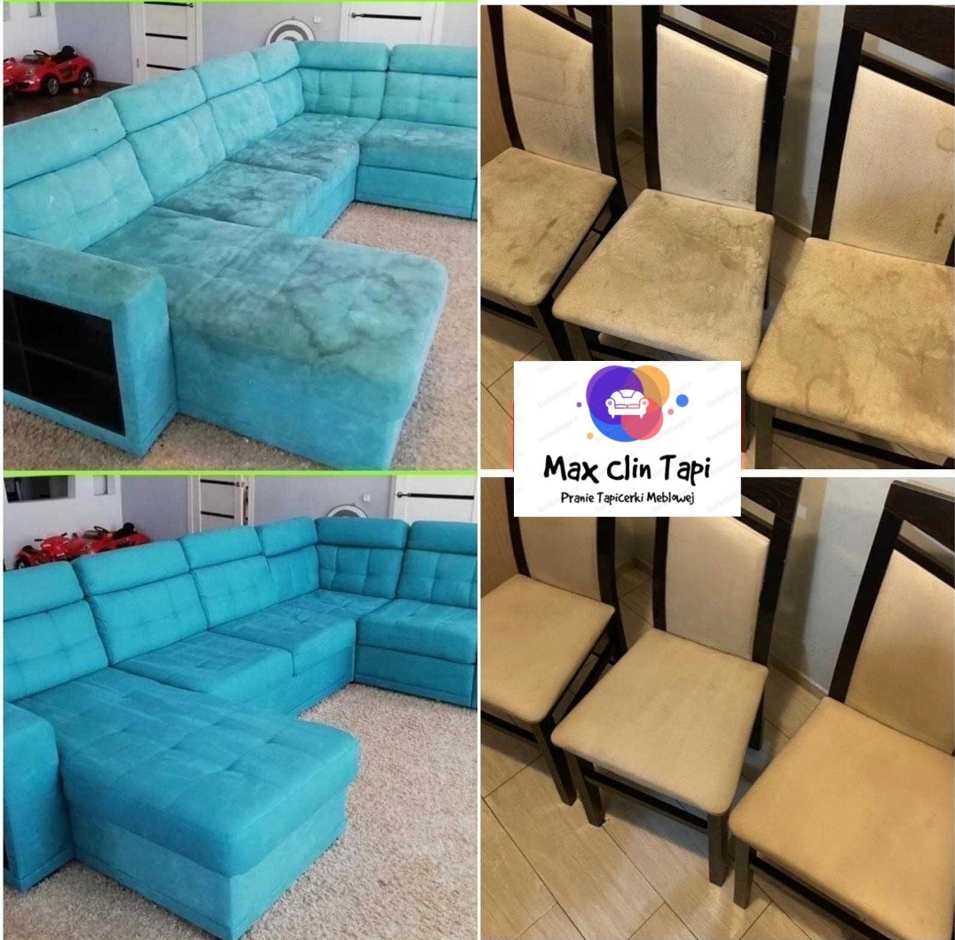 Porównanie: Narożnik w kształcie litery U, turkusowy, z widocznymi plamami przed czyszczeniem i odświeżony, oraz krzesła tapicerowane z beżową tkaniną, pokazujące różnicę przed i po czyszczeniu.