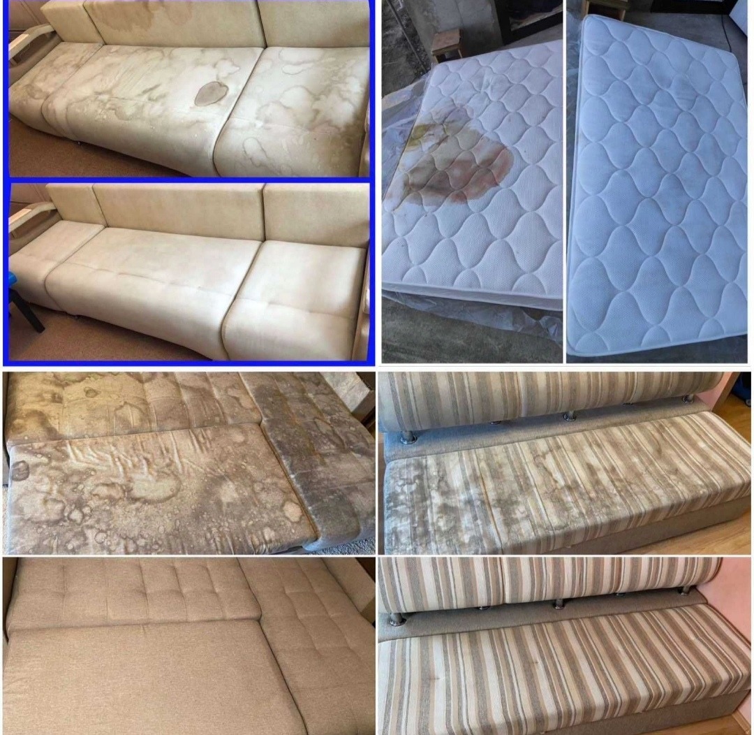 Kolaż zdjęć przedstawiających meble tapicerowane i materac przed i po czyszczeniu, z widocznymi plamami i przebarwieniami na niektórych elementach.
