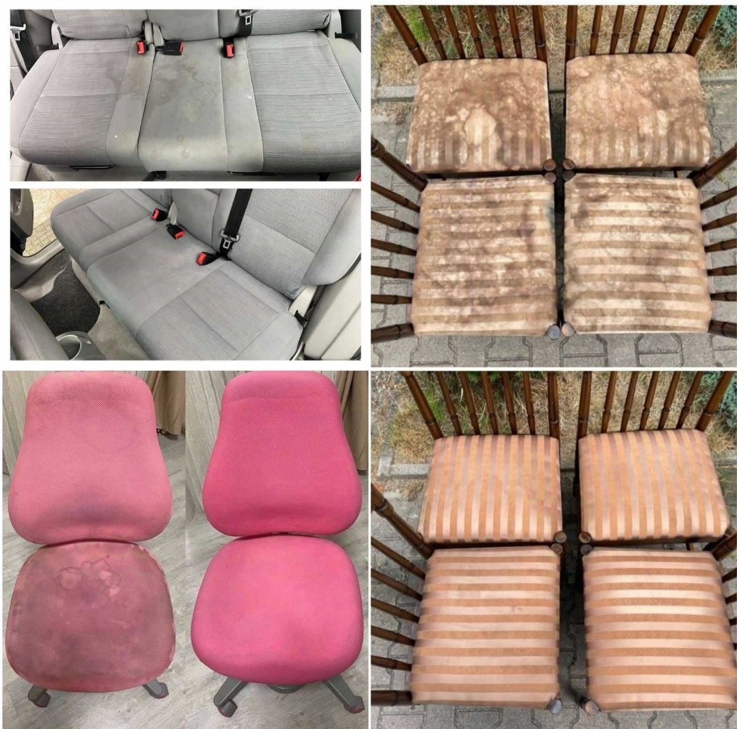 Kolaż czterech zdjęć przedstawiających tapicerkę różnych mebli przed i po czyszczeniu: tylna kanapa samochodowa, krzesła z drewnianym oparciem i siedziskami w paski oraz różowe krzesła biurowe.