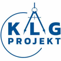 Logo firmy KLG Projekt z symbolem cyrkla kreślarskiego w kolorze niebieskim na białym tle.