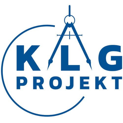 Logo firmy KLG Projekt z symbolem cyrkla kreślarskiego w kolorze niebieskim na białym tle.