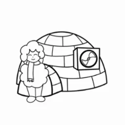 Kreskówkowa ilustracja: Eskimoska w szaliku stojąca przed igloo z wentylatorem wbudowanym w ścianę.