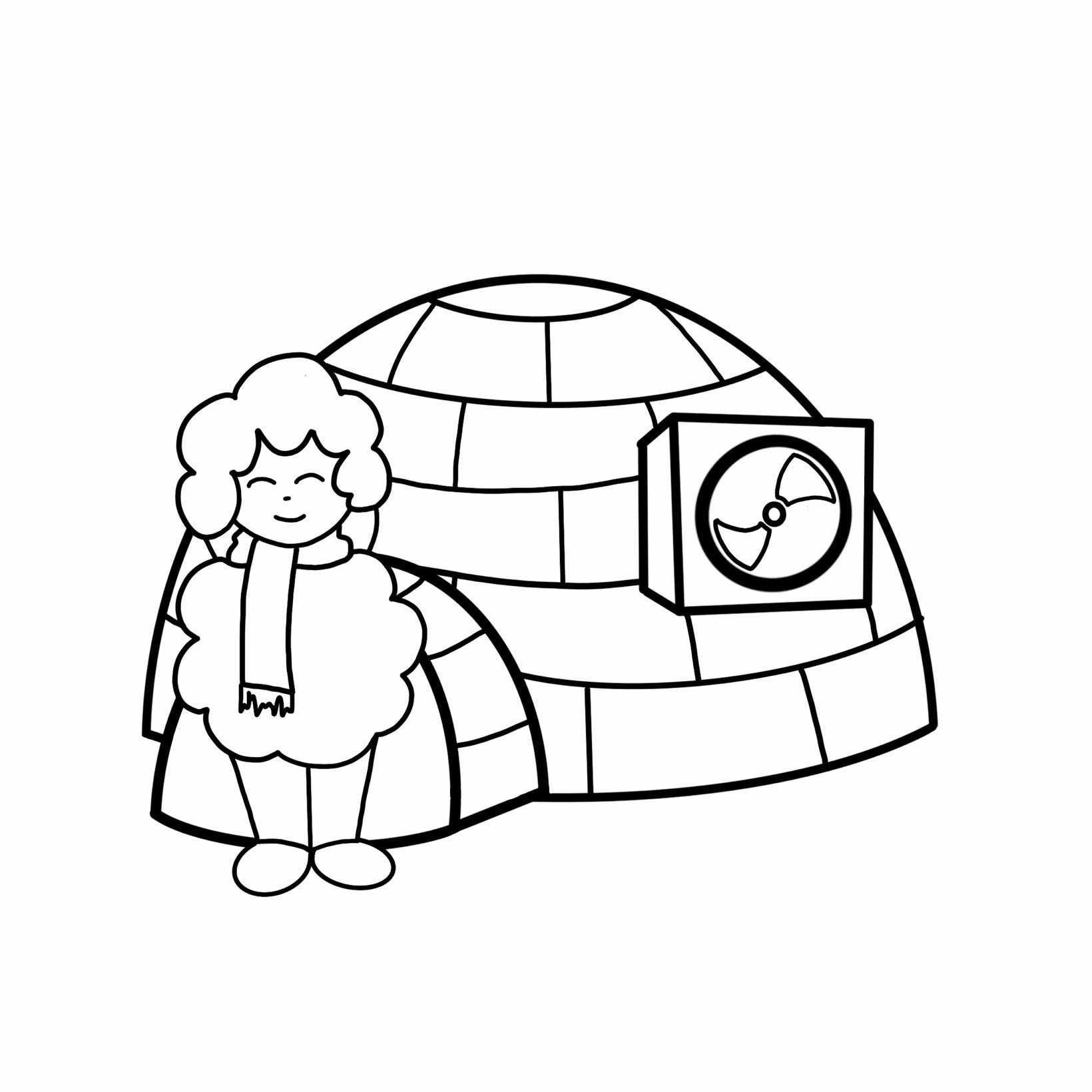 Kreskówkowa ilustracja: Eskimoska w szaliku stojąca przed igloo z wentylatorem wbudowanym w ścianę.