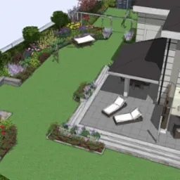 Wizualizacja projektu zagospodarowania terenu: pergola, taras z leżakami, hamak, kwietniki i zieleń. Widok z góry na dom z ogrodem w nowoczesnym stylu.