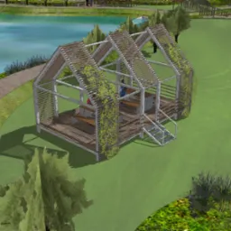 Wizualizacja drewnianej altany z pnącymi roślinami nad brzegiem jeziora, spacerujący mężczyzna. Projekt w otoczeniu zieleni, z elementami architektury krajobrazu.