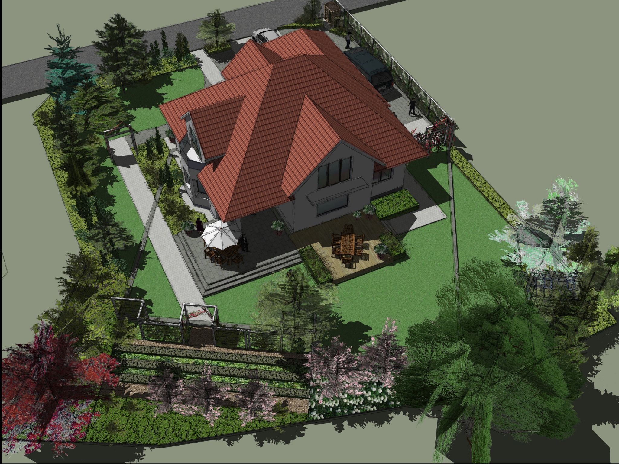 Wizualizacja 3D domu jednorodzinnego z ogrodem, widok z góry, prezentująca układ ścieżek, tarasu z meblami ogrodowymi i zróżnicowaną roślinność.