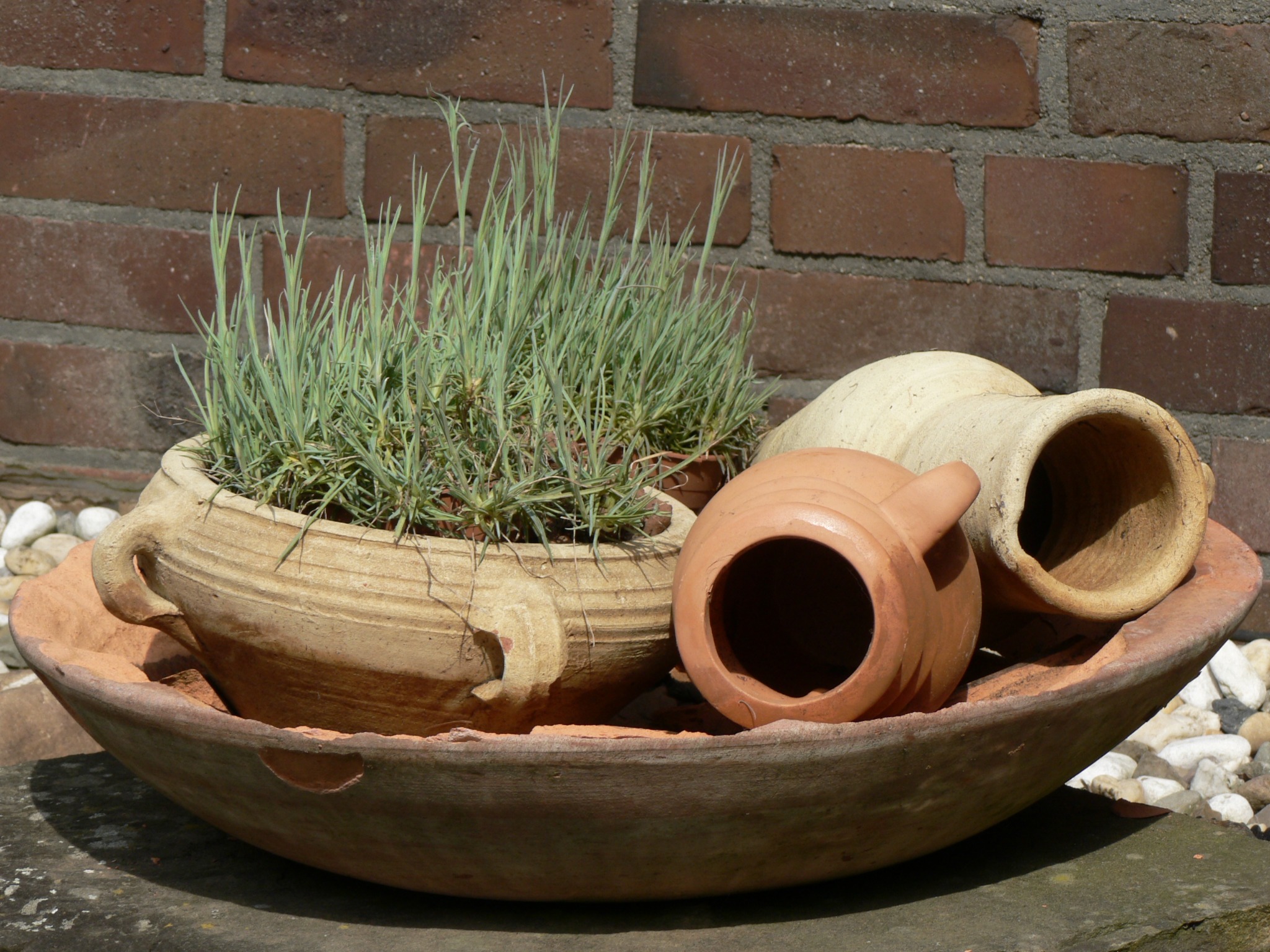Kompozycja z terakotowych donic i ziół na tle ceglanej ściany, w dużej, płaskiej misie z kamykami.
