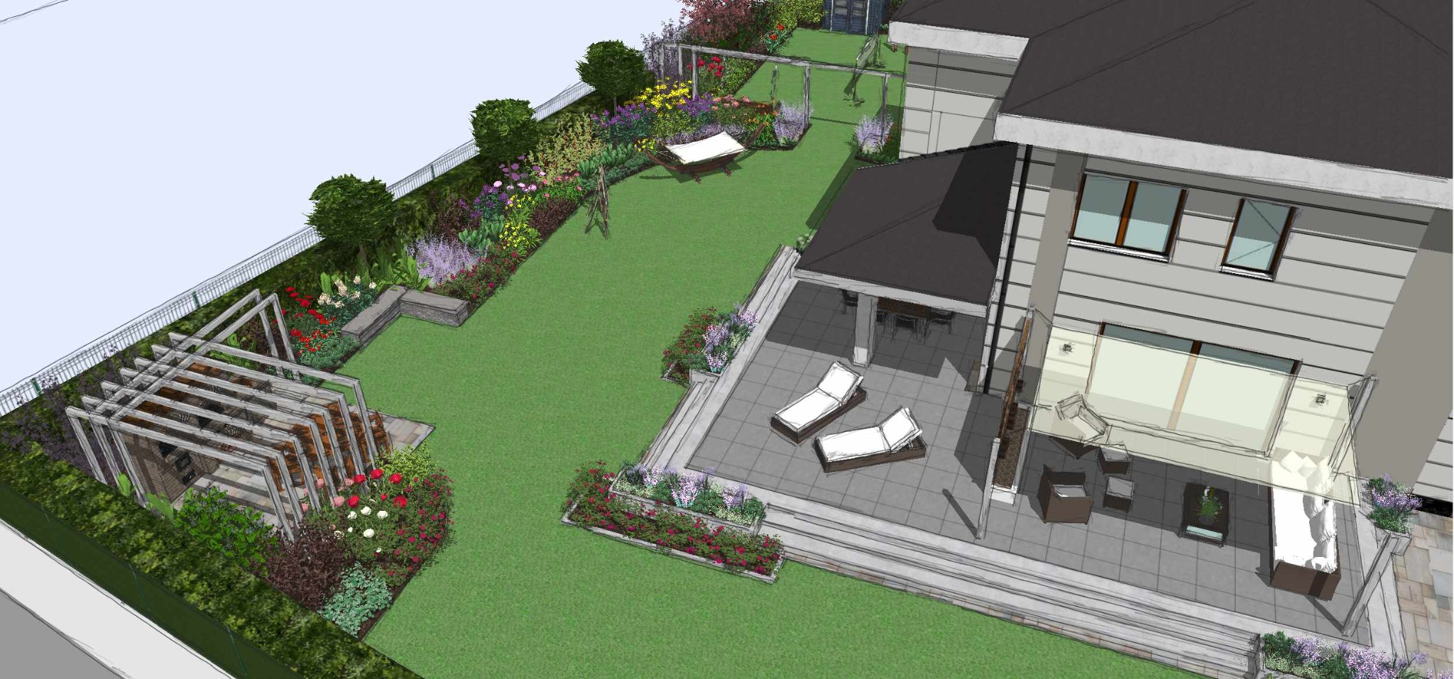 Wizualizacja projektu zagospodarowania terenu: pergola, taras z leżakami, hamak, kwietniki i zieleń. Widok z góry na dom z ogrodem w nowoczesnym stylu.