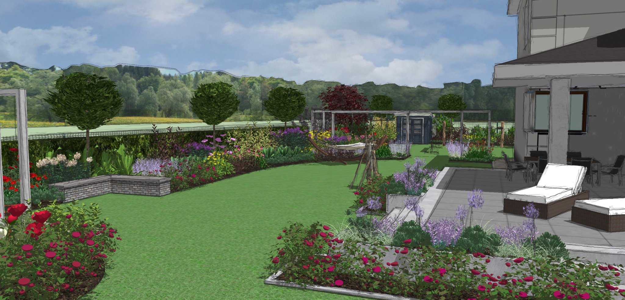 Wizualizacja ogrodu z hamakiem, rabatami kwiatowymi i meblami ogrodowymi na tarasie. Projekt ogrodu z elementami architektury krajobrazu i roślinnością.