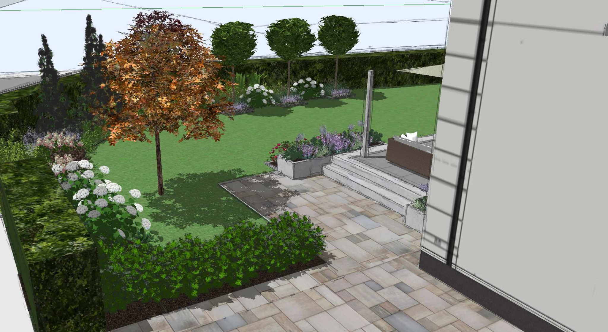 Wizualizacja ogrodu z trawnikiem, rabatami kwiatowymi, drzewami i tarasem z meblami ogrodowymi. Widok z góry na projekt zagospodarowania przestrzeni.