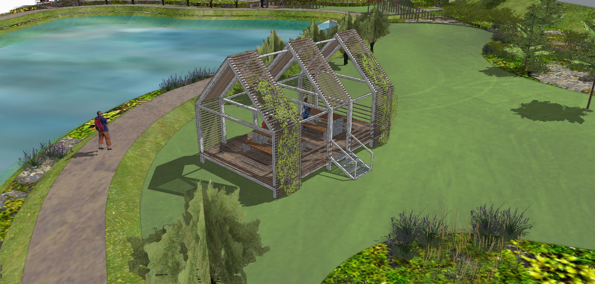 Wizualizacja drewnianej altany z pnącymi roślinami nad brzegiem jeziora, spacerujący mężczyzna. Projekt w otoczeniu zieleni, z elementami architektury krajobrazu.