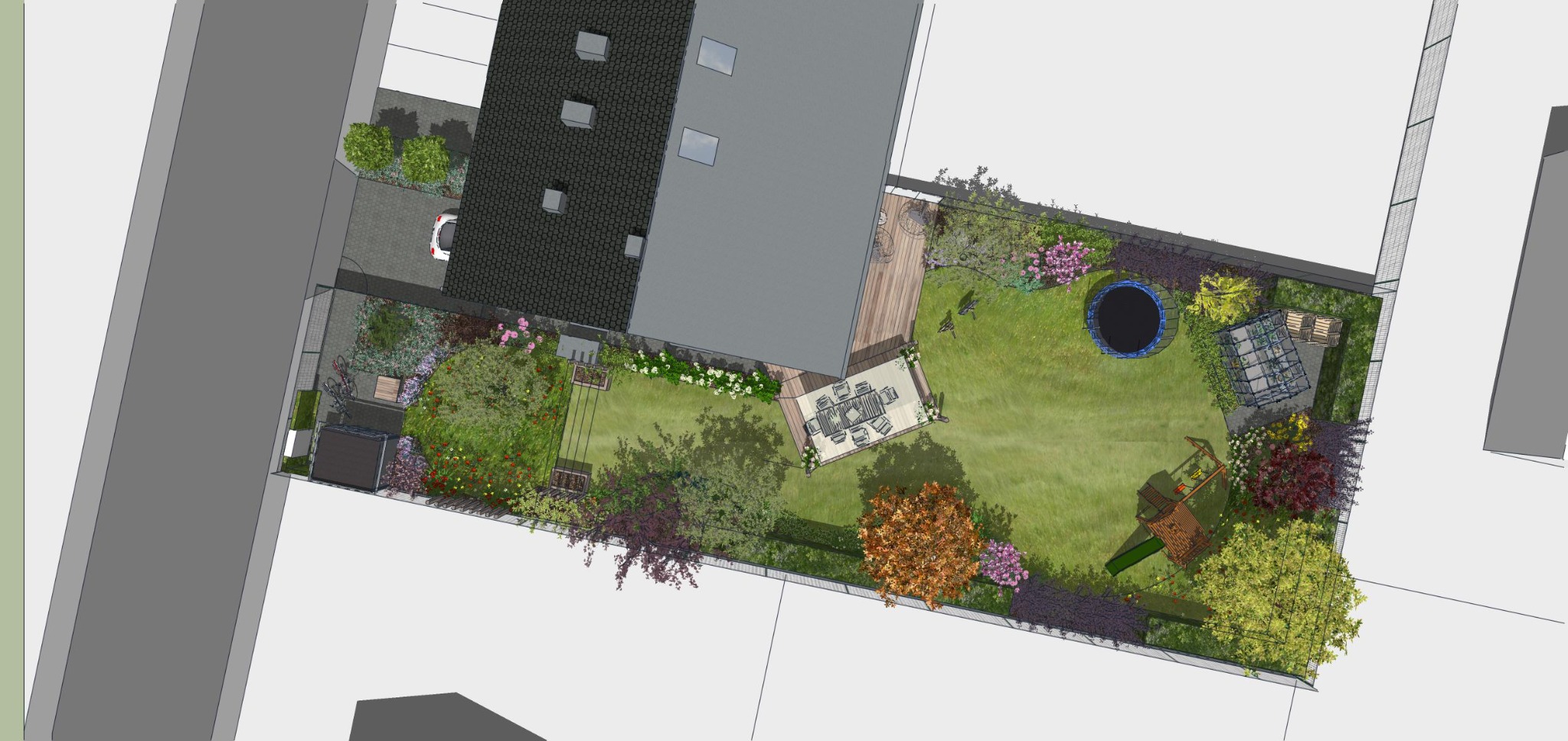 Projekt ogrodu z widokiem z góry: trawnik, plac zabaw, trampolina, taras z meblami ogrodowymi, rabaty kwiatowe, drzewa i podjazd z samochodem.