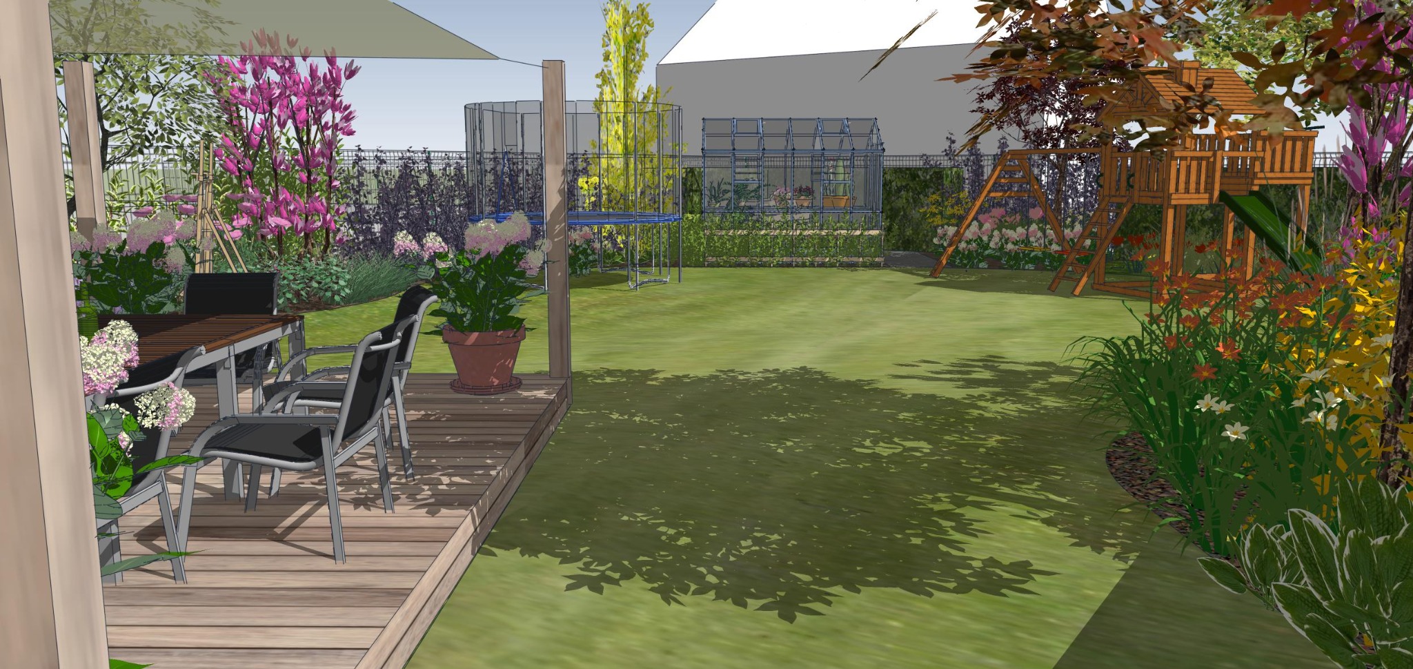 Wizualizacja ogrodu w Nowym Lubielu: drewniany taras z meblami, rabaty kwiatowe, trawnik, trampolina, plac zabaw i szklarnia w tle. Projekt ogrodu.