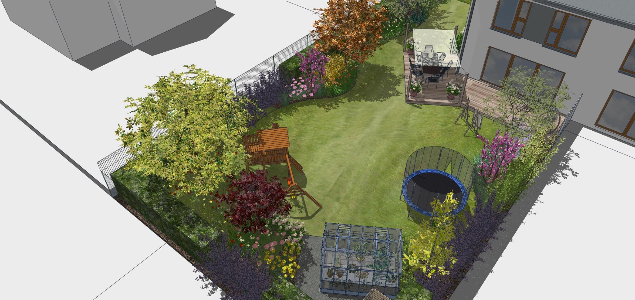 Wizualizacja ogrodu z domkiem dla dzieci, trampoliną i szklarnią. Widok z góry ukazuje starannie zaprojektowaną przestrzeń z roślinnością i elementami rekreacyjnymi.