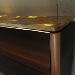 Detale wykończenia szafki z podświetlanym, marmurkowym blatem, ciemne drewno forniru i zaokrąglone, jasne nogi w minimalistycznym wnętrzu.