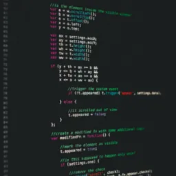 Fragment kodu JavaScript wyświetlany na ciemnym ekranie, prezentujący definicje funkcji i warunki logiczne, z widocznymi zmiennymi i komentarzami programistycznymi.