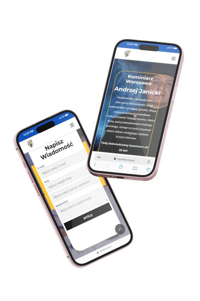Dwa smartfony z wyświetlonymi stronami internetowymi: jeden z formularzem kontaktowym, drugi ze stroną wizytówką kominiarza z Warszawy, Andrzeja Janickiego, prezentującą jego ofertę.