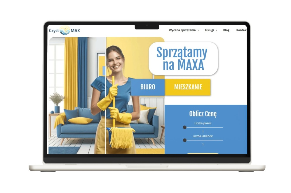 Ekran laptopa prezentuje stronę internetową firmy sprzątającej 'Czyst MAX' z Zabierzowa, z uśmiechniętą kobietą w rękawicach i z mopem na tle estetycznego wnętrza i z modułem wyceny.