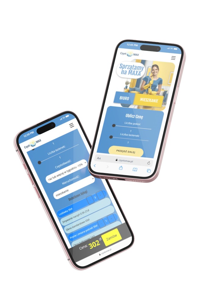 Dwa smartfony z aplikacją do zamawiania usług sprzątania 'CzystoMAX', prezentujące formularz wyceny z opcjami wyboru liczby łazienek, pokoi i dodatkowych usług.