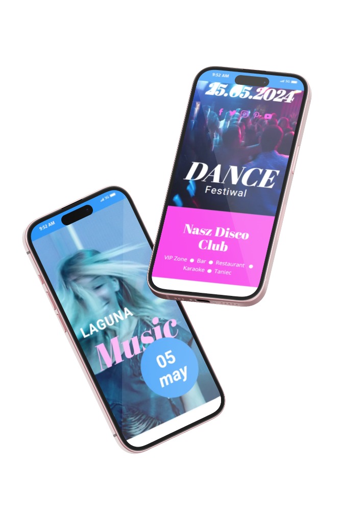 Dwa smartfony z wyświetlonymi grafikami promującymi wydarzenia muzyczne: festiwal taneczny i koncert w klubie, na białym tle.