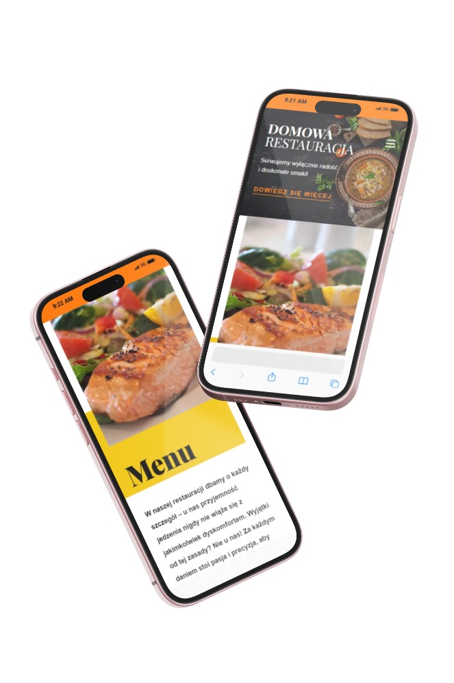 Dwa smartfony nachodzące na siebie, prezentujące responsywną stronę internetową restauracji z menu i zdjęciami dań.