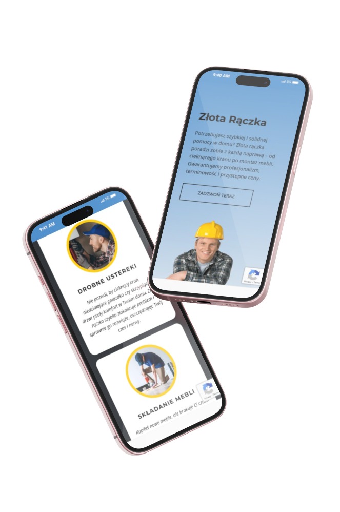 Dwa telefony komórkowe z wyświetlonymi ekranami aplikacji 'Złota Rączka' oferującej usługi drobnych napraw i składania mebli.