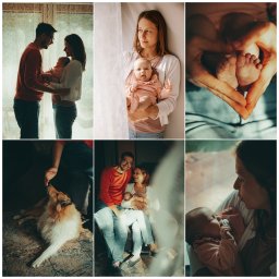 Ania Smol - Kolaż zdjęć przedstawiający rodzinę z noworodkiem: rodzice trzymający dziecko na tle okna, stopy dziecka w dłoniach, pies leżący na podłodze, matka karmiąca dziecko smoczkiem.