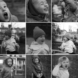 Ania Smol - Czarno-biały kolaż dziewięciu zdjęć dziecka w różnych pozach i sytuacjach na placu zabaw, obejmujący ujęcia z bliska twarzy i sylwetki w ruchu.