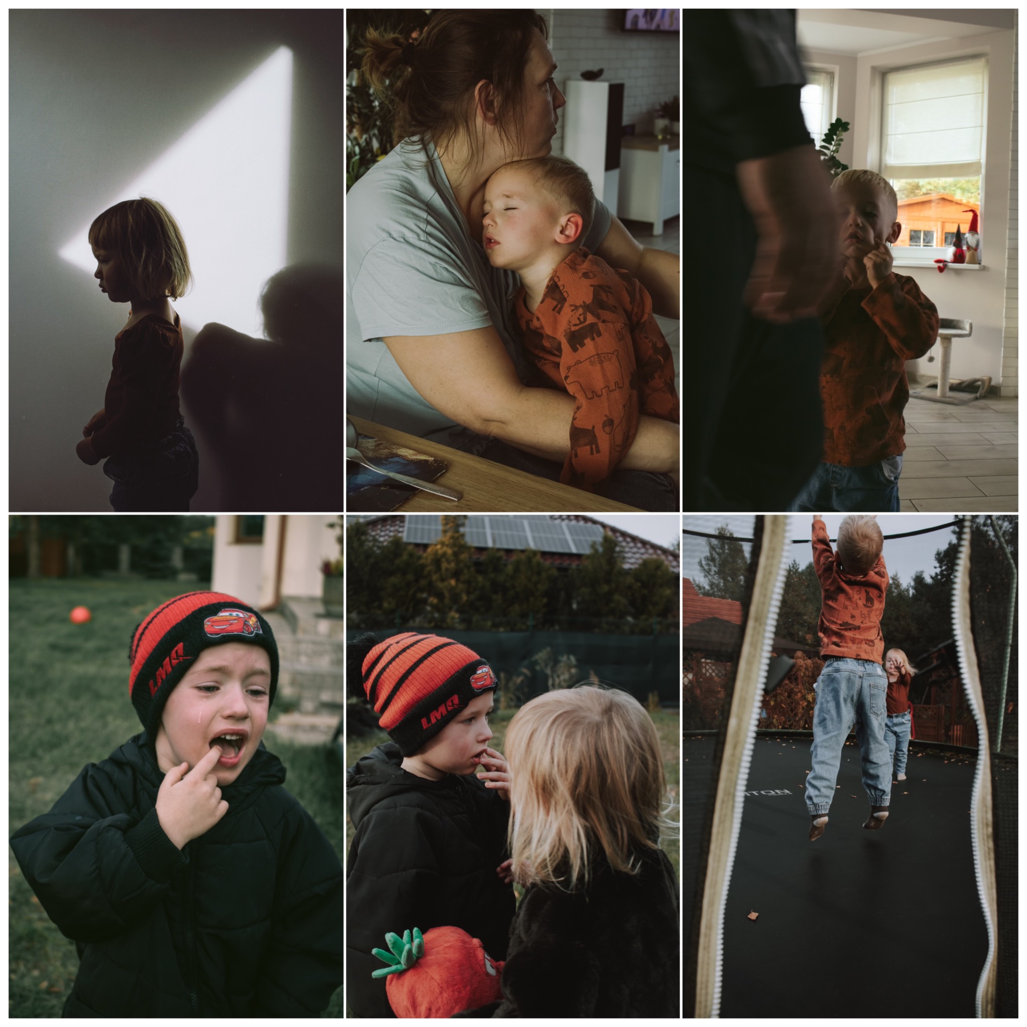 Kolaż sześciu zdjęć dzieci: profil dziecka w kontraście ze światłem, matka tuląca śpiącego syna, chłopiec przy oknie, płaczący chłopiec w czapce na zewnątrz, dwójka dzieci rozmawiających...
