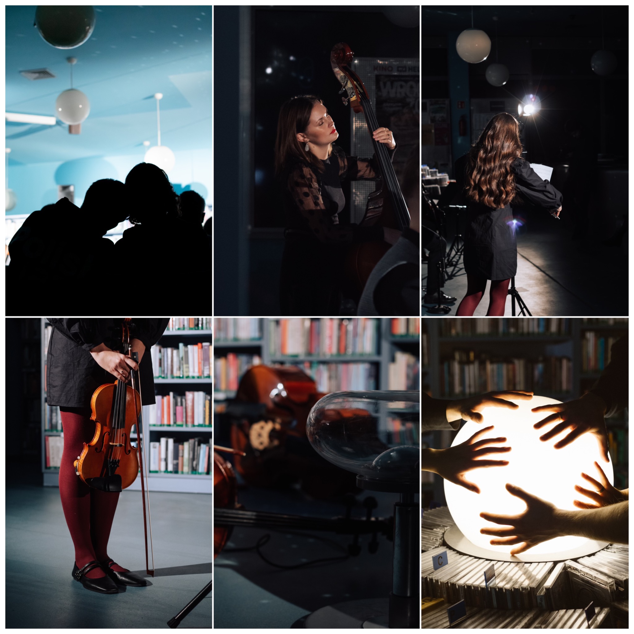 Kolaż zdjęć: para w tle z kulistymi lampami, kobieta grająca na kontrabasie, skrzypaczka na scenie, skrzypce trzymane przed regałem z książkami, kontrabas z lampą plazmową, dłonie dotykające...