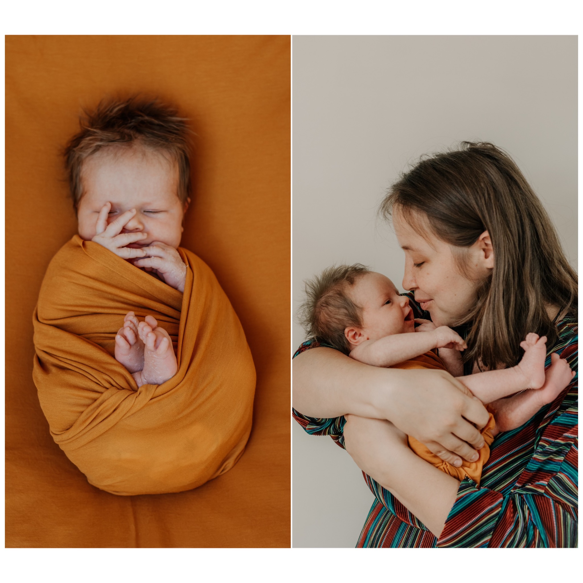 Kompozycja dwóch ujęć: noworodek zawinięty w pomarańczowy materiał na pomarańczowym tle oraz matka trzymająca dziecko w ramionach, zbliżona twarzą do jego policzka.