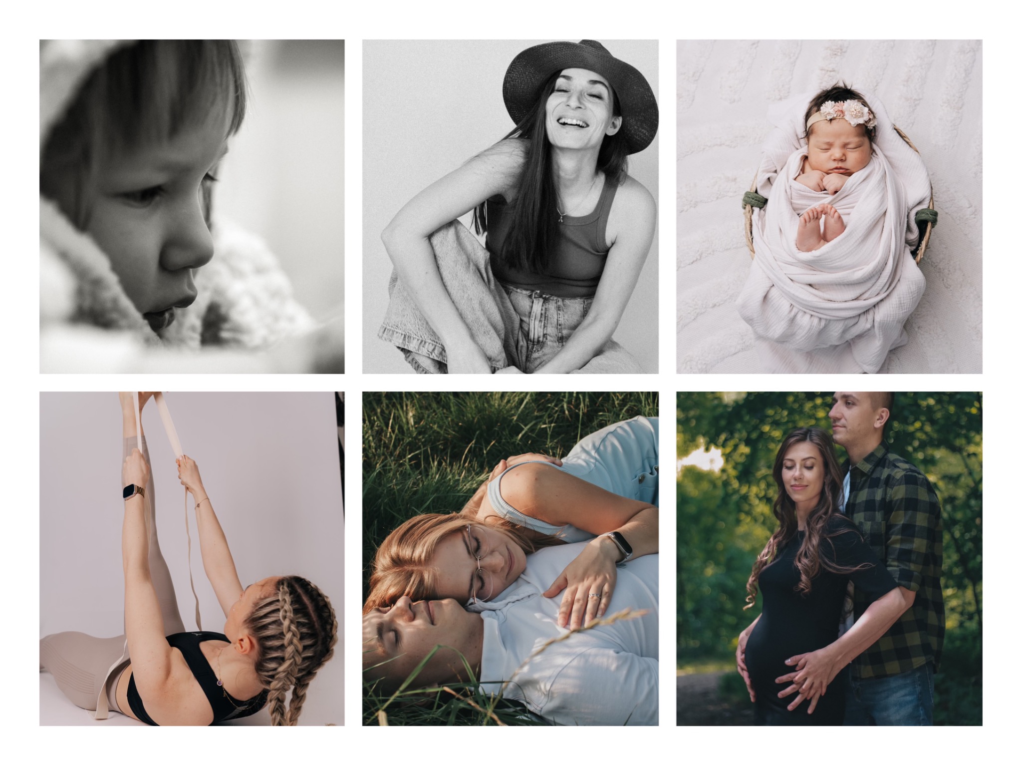 Kolaż sześciu zdjęć: dziecko z profilu w ciepłym okryciu, uśmiechnięta kobieta w kapeluszu, noworodek zawinięty w koszu, kobieta ćwicząca z pasami, para leżąca na trawie, ciężarna para w lesie.