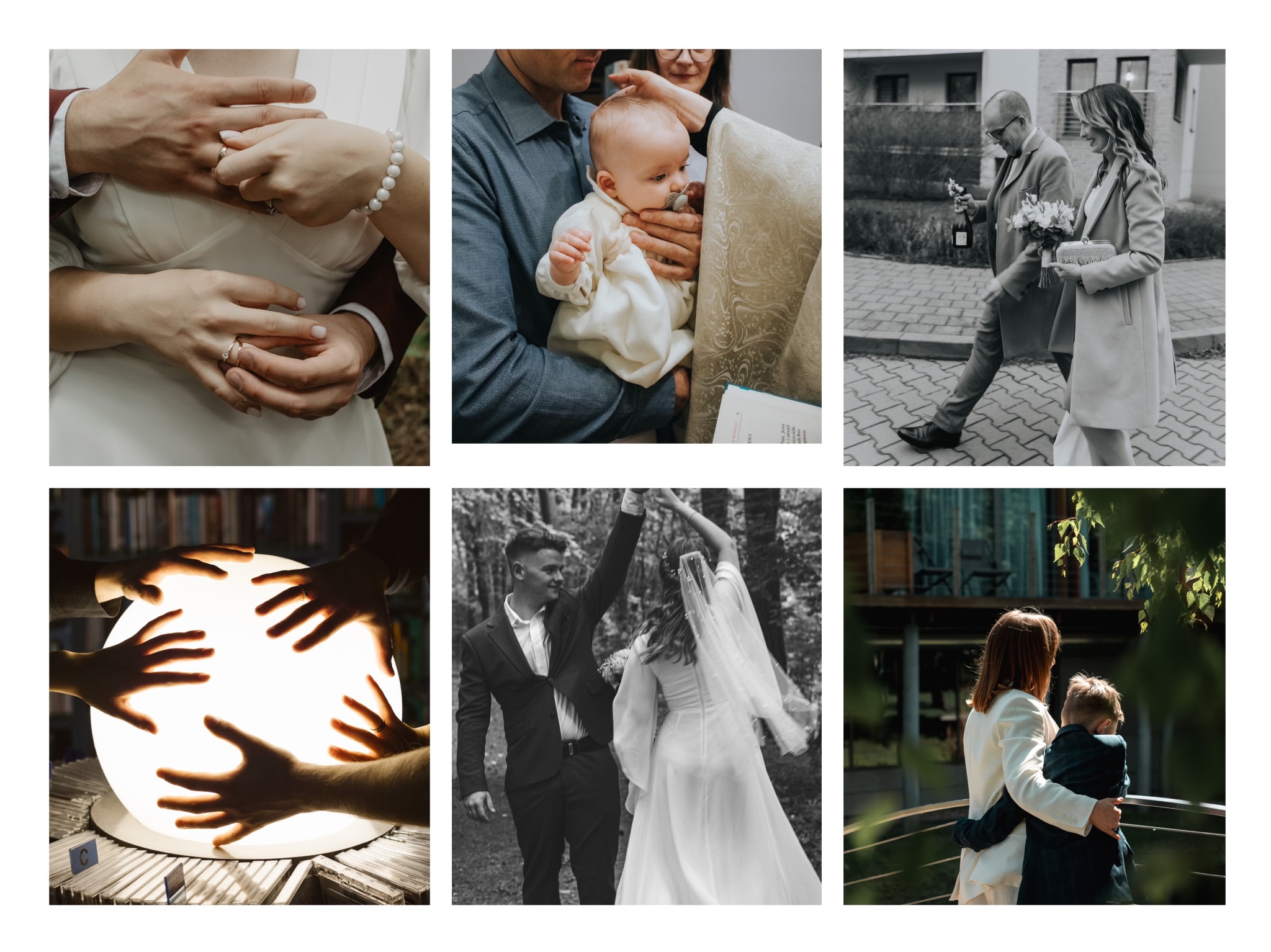 Kolaż sześciu zdjęć: dłonie z obrączkami, chrzest dziecka, para z szampanem w Olsztynie, dłonie na świecącej kuli, czarno-białe zdjęcie tańczącej pary młodej, matka obejmująca syna na tle...