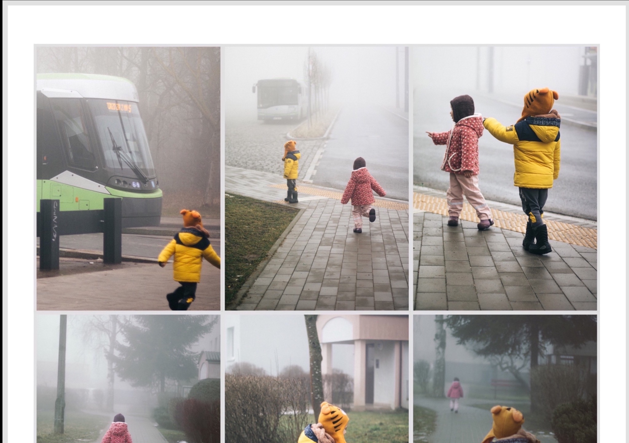 Montaż zdjęć dzieci w jesiennych kurtkach na tle mglistego krajobrazu miejskiego z tramwajem i autobusem.